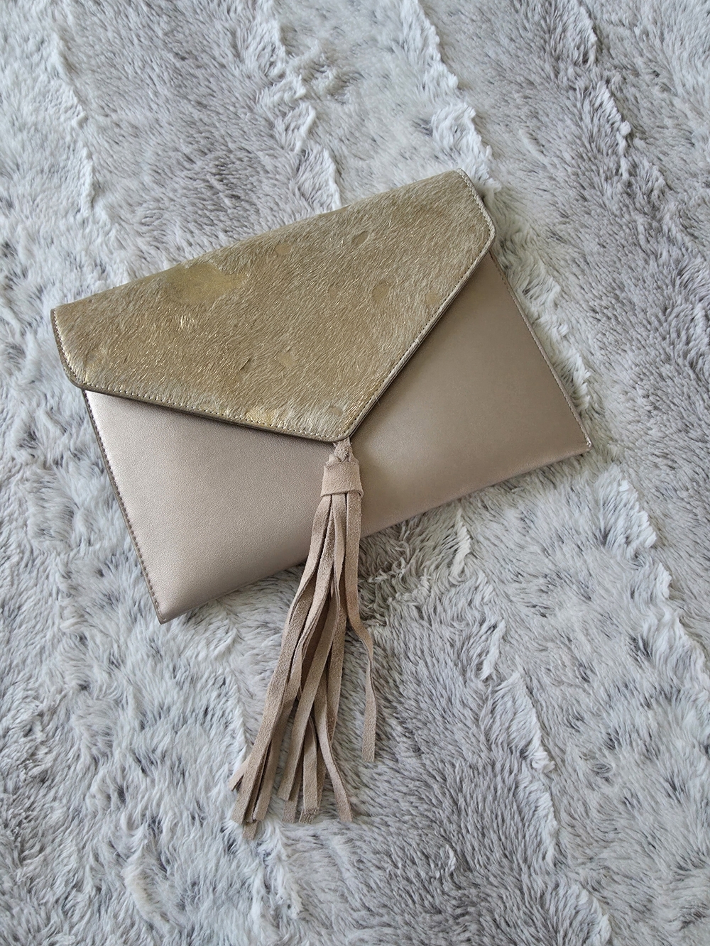 Gold Beige Horse Hair - Tassel  Clutch - Women's Metallic Handbag